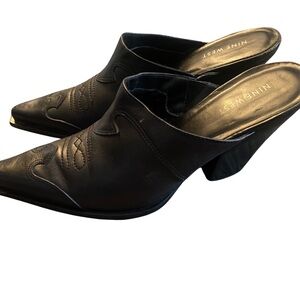 Nine West Black Leather Western Mule Heels